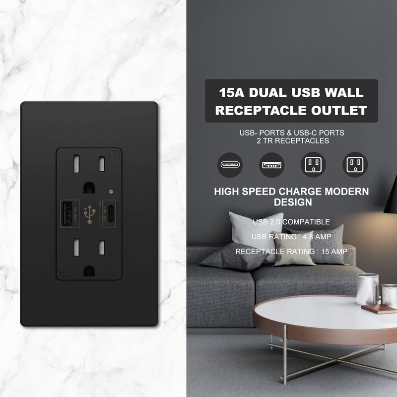 4.8A USB Type C&A Wall Outlet Duplex Receptacle 15 Amp, Tamper Resistant, 2pack gallery