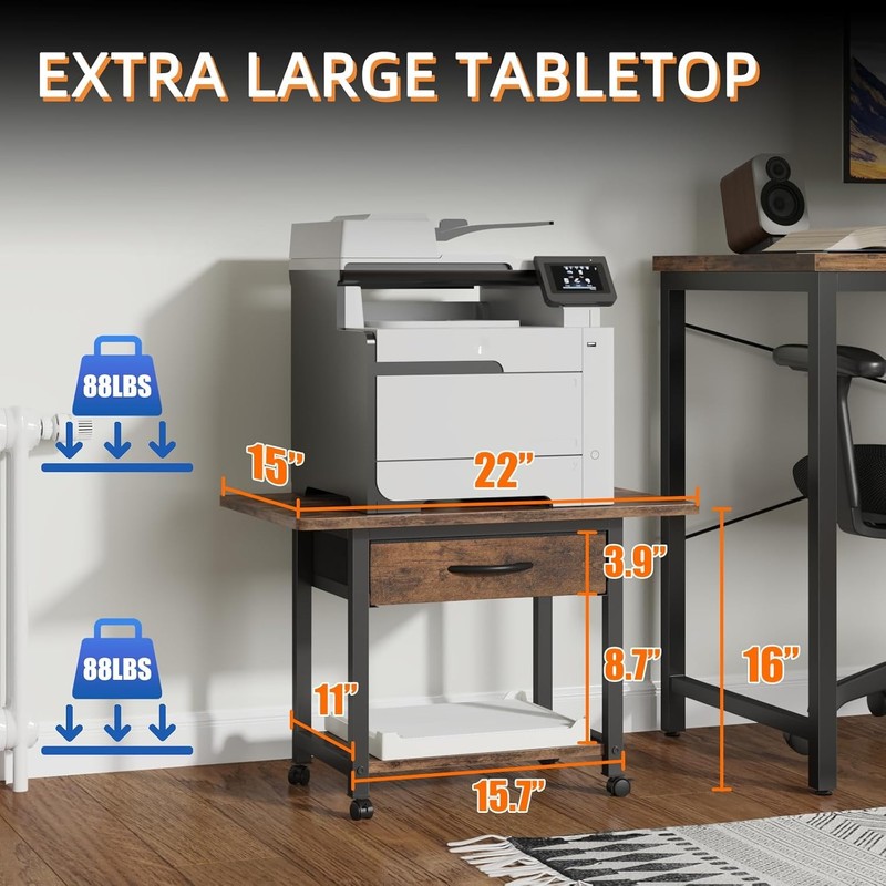 Large Printer Stand with Storage Drawer, 2-Tier Under Desk Table for Home Off... gallery