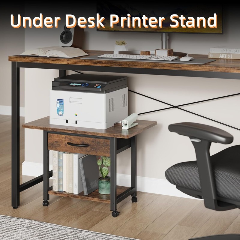 Large Printer Stand with Storage Drawer, 2-Tier Under Desk Table for Home Off... gallery