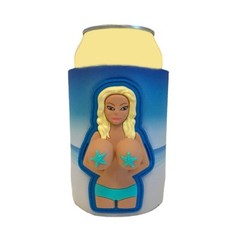 Bobblehead Style Bouncing Boob Can Koozie Huggie Cooler Blonde Hair Blue Bottom