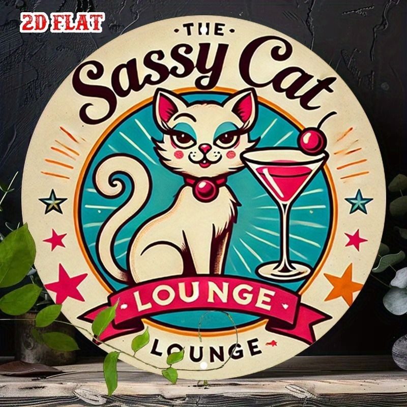 Round Retro Cat Metal Sign "The Sassy Cat Lounge" Cocktail Bar Art Decoration gallery