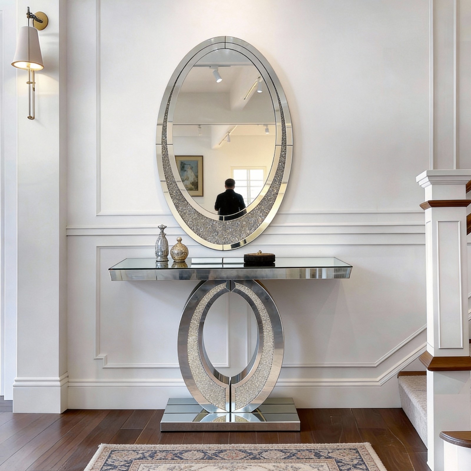 Oval Wall Mirror Crushed Diamond Inlay Sparkly Silver FramelessCrystal Accent gallery