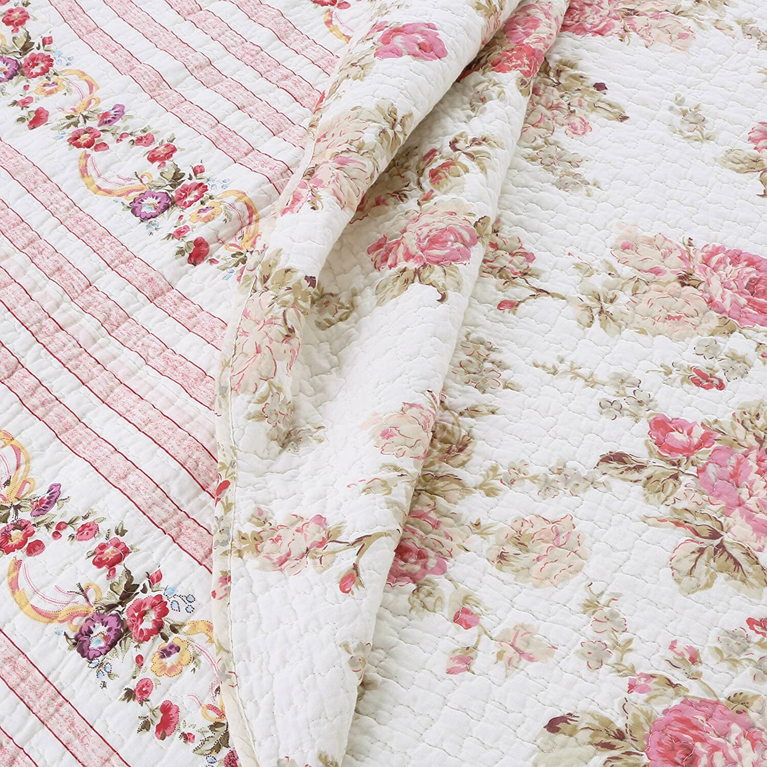 Spring Peony Pink Red Floral Printed Reversible Cotton Quilted Throw gallery
