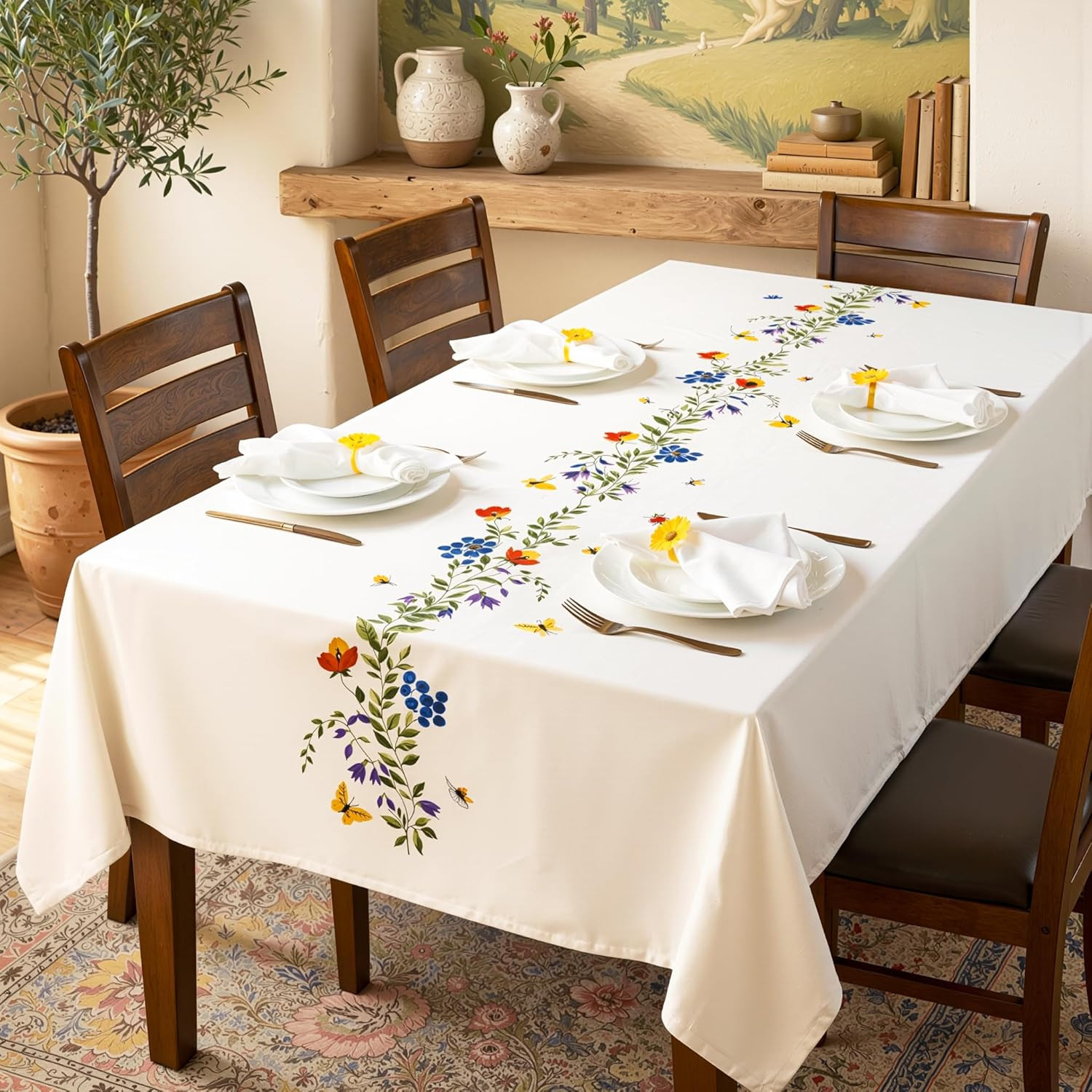 Embroidered Cotton Tablecloth 60 X 90 Inch Rectangle – Washable & Colorfast Tabl gallery