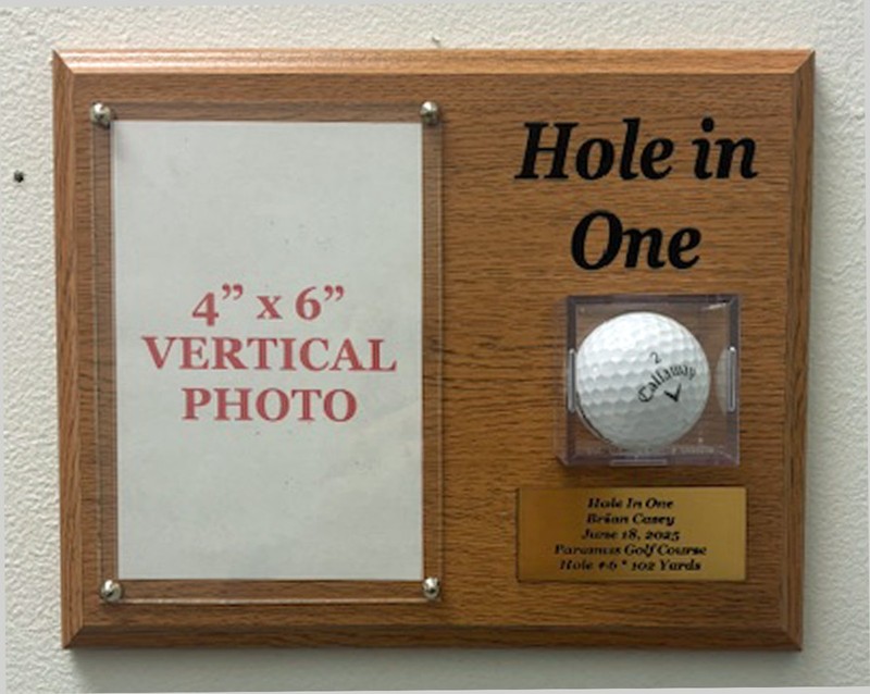 Personalized Golf Hole In One Display w your 4x6 photo ball & engraved nameplate gallery