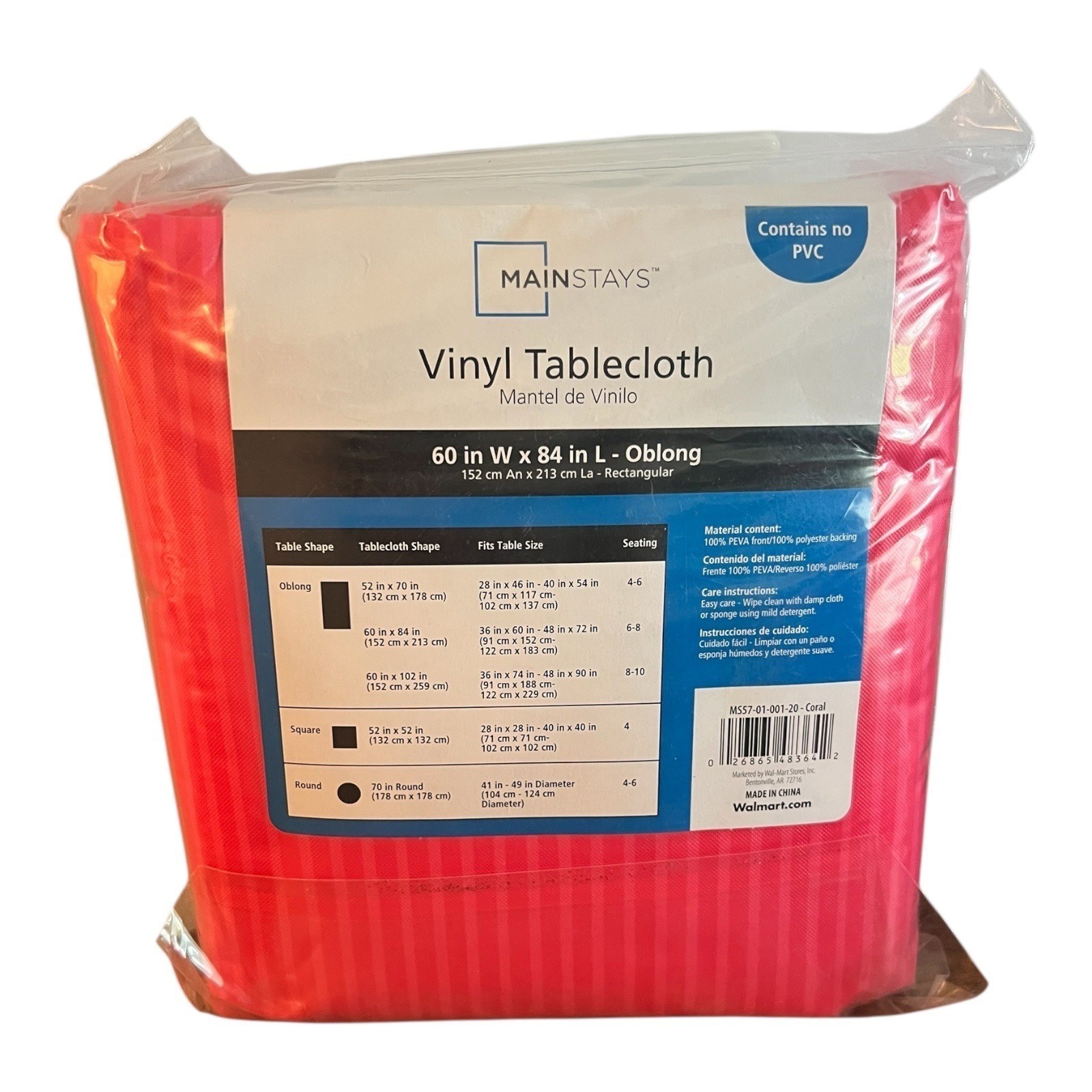 Mainstays Vinyl Tablecloth 60 W X 84 L Coral 100% PEVA Front Polyester Back gallery