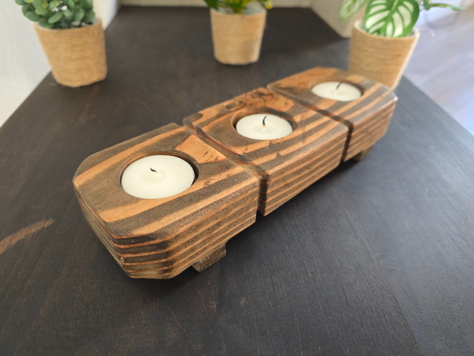 Tealight Candle Holder Hand Crafted Rustic Reclaimed Wood Dark Walnut Stained gallery