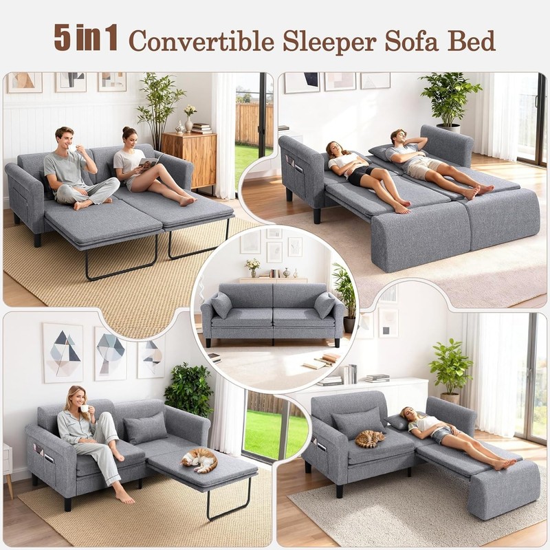 Sofa Bed Sleeper Convertible Pull-Out Bed Couch with Storage Pockets & 2 Pillows gallery