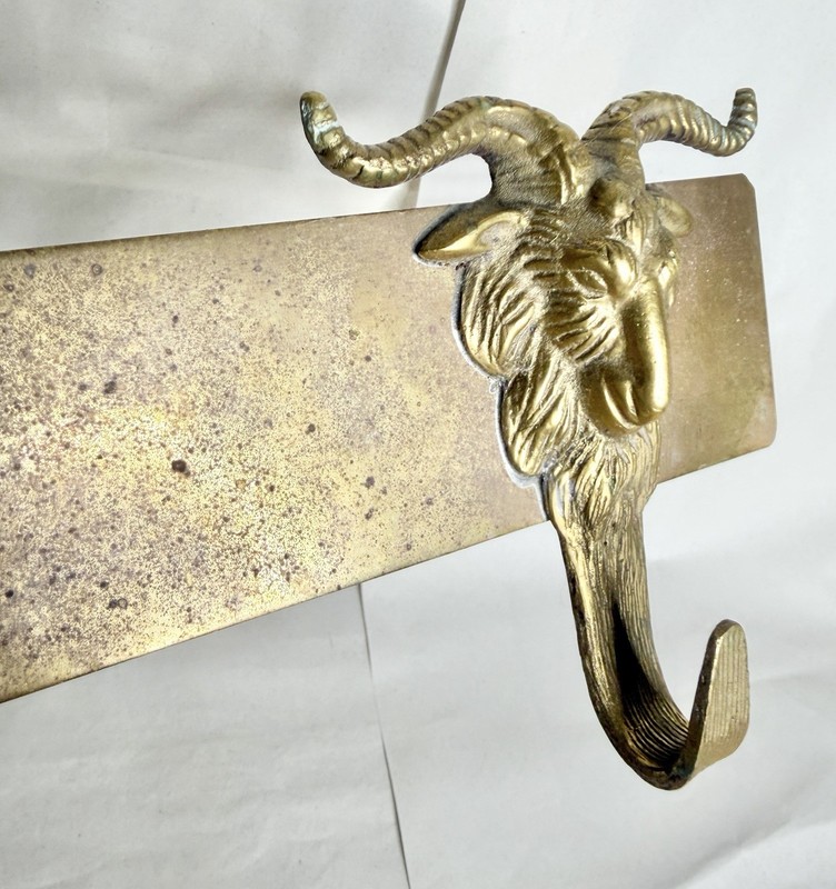 Mid Century Solid Brass Sculptural Goat Ram Head 3 Hook Wall Mount Coat Rack gallery