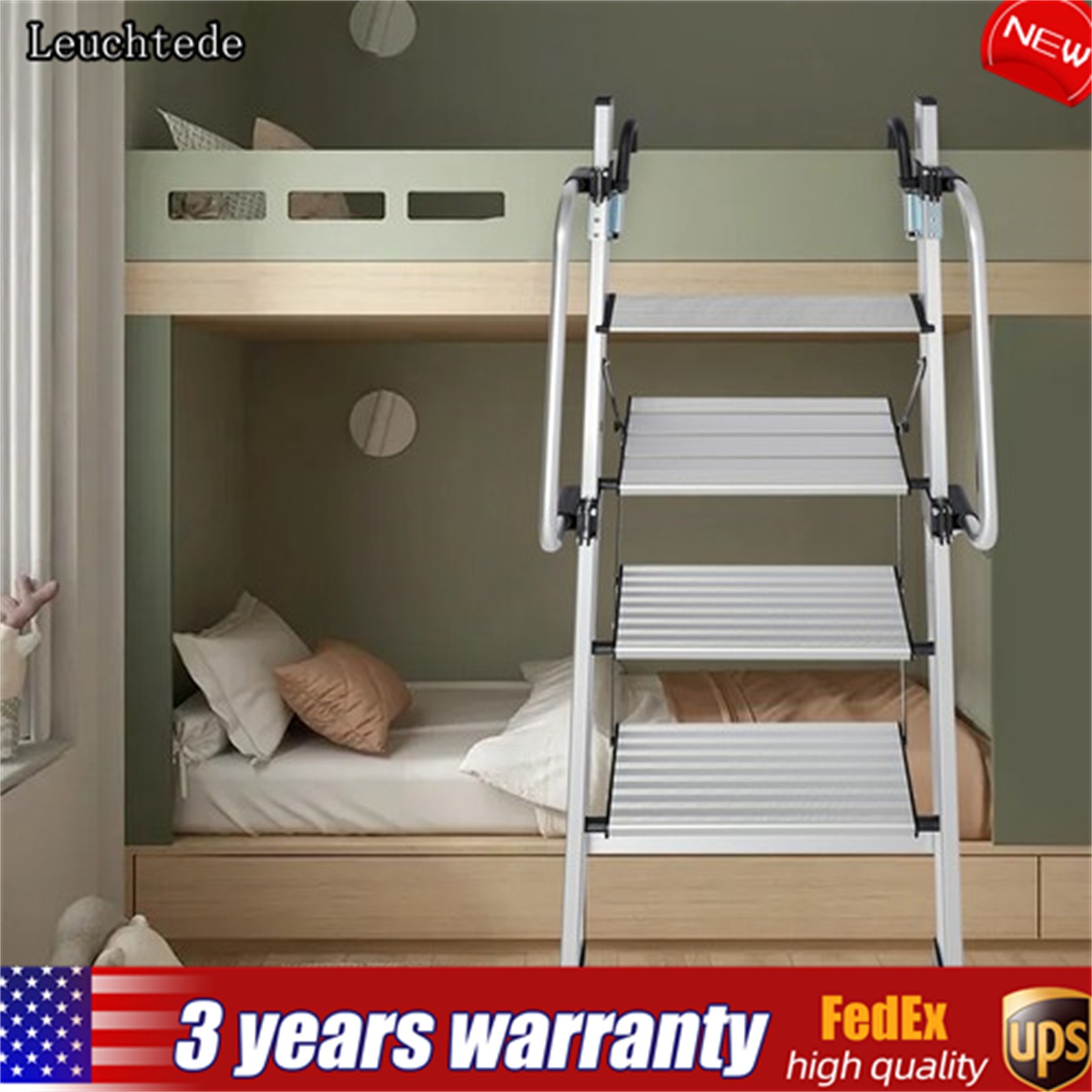 Silver 4-step Bed Ladder, Ladder With Adjustable Handrail For Caravans, Lofts gallery