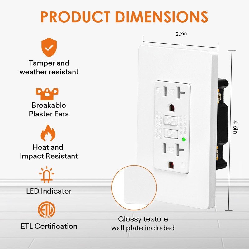 20A Self-Test GFCI Outlet Kitchen Bathroom Use WR TR LED Indicator ETL FCC 5Pack gallery