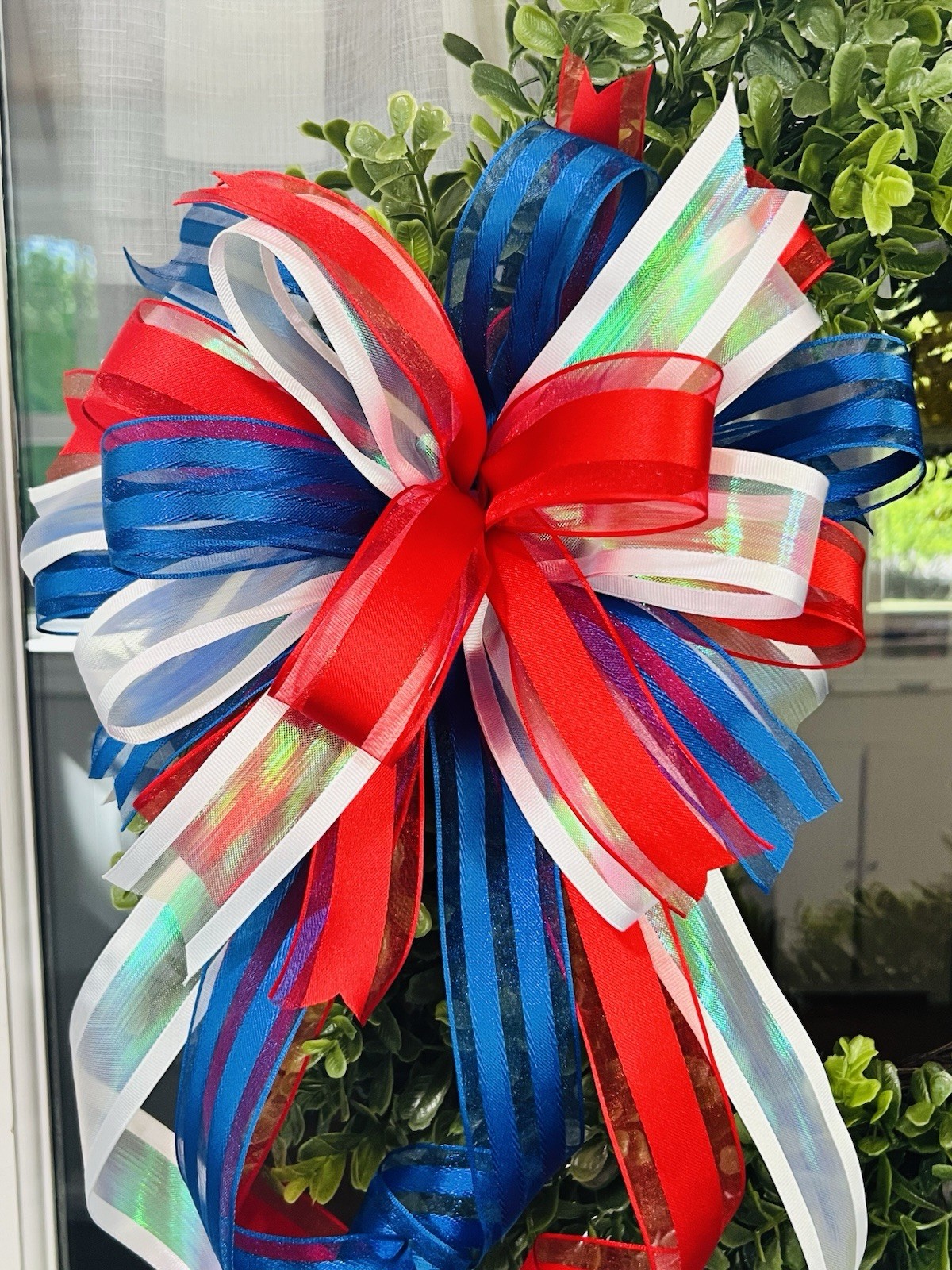 Handmade Red White Blue Patriotic Summer Wreath Bow 4th of July Memorial Decor gallery