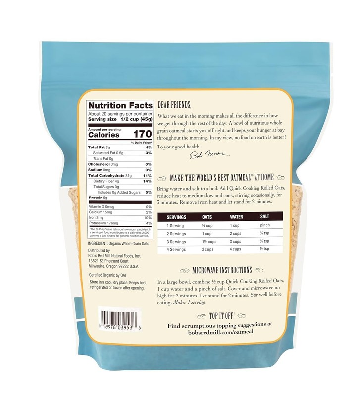 (4 pack) Bob's Red Mill Organic Quick Cooking Rolled Oats, 32 oz Shelf-Stable Ba gallery