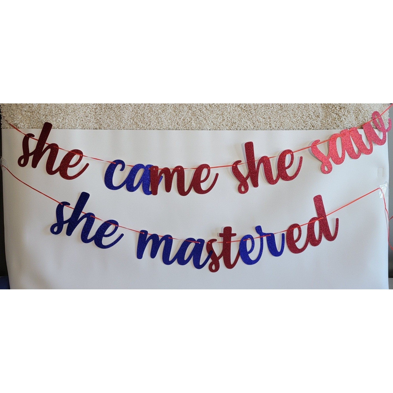 Graduation Party Decorations She Came She Saw She Mastered Banner Red Blue Kit gallery