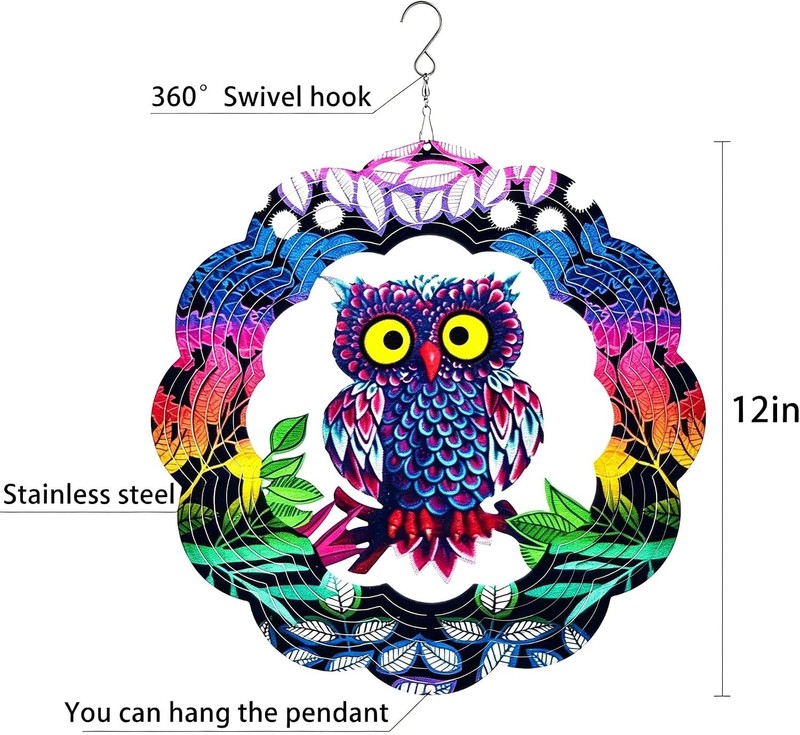Vibrant 3D Owl Wind Spinner - Durable Outdoor Garden Sculpture for All Season gallery
