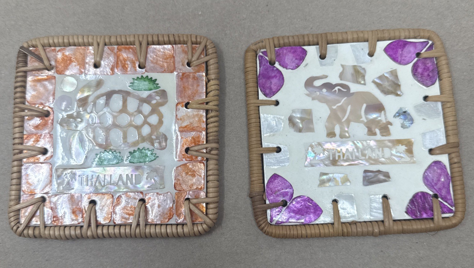 Vintage Thailand Shell Mosaic Coasters Trinket Dishes Turtle Elephant Set of 2 gallery