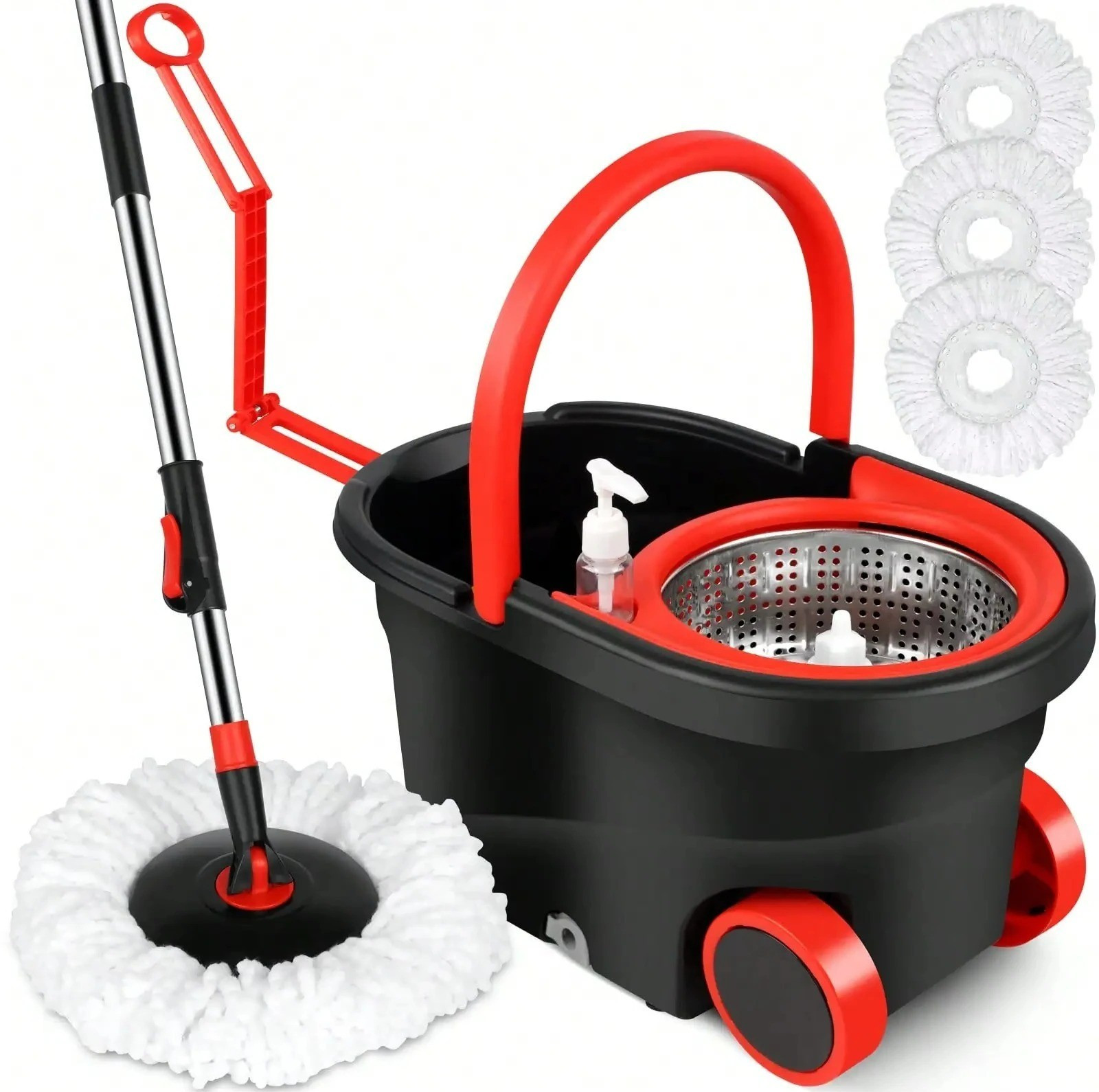 Heavy Duty Rolling Spin Mop Bucket Set Wringer 3 Heads Adjustable Handle HomeUse gallery