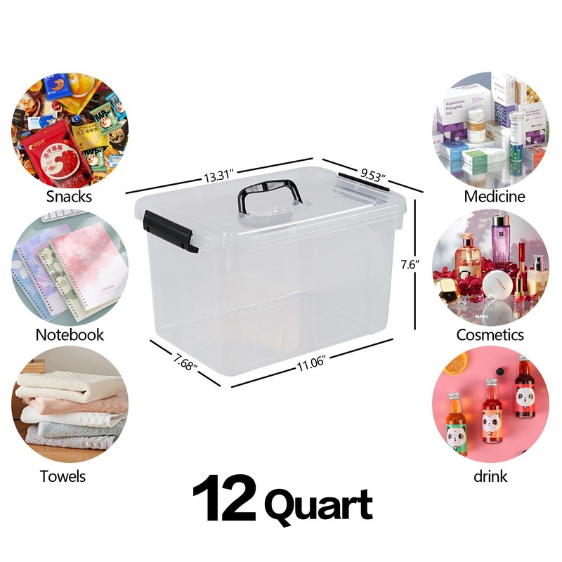 6PCS 12 Quart Latching Storage Box Stackable Bin w/ Latch Lid Plastic Container gallery