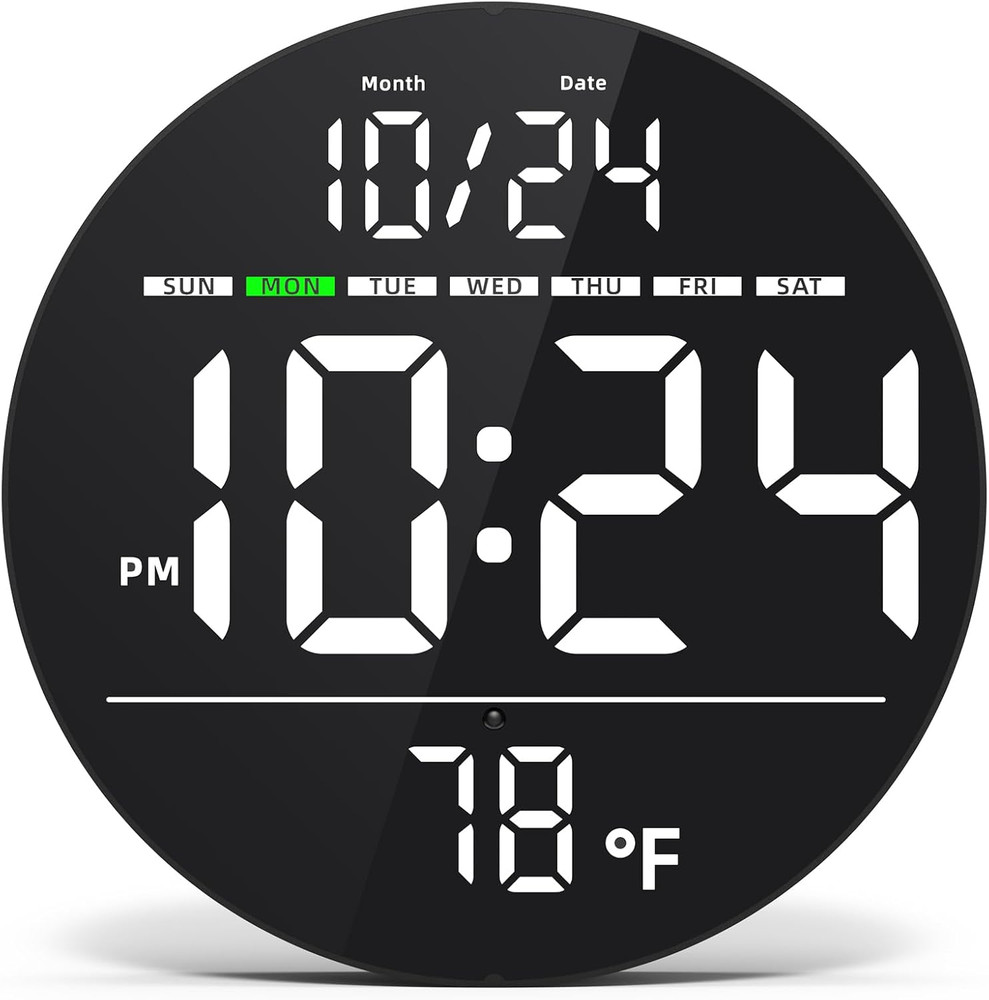 Digital Wall Clock with Large LED Display, Date, Temperature, Auto-Brightness |