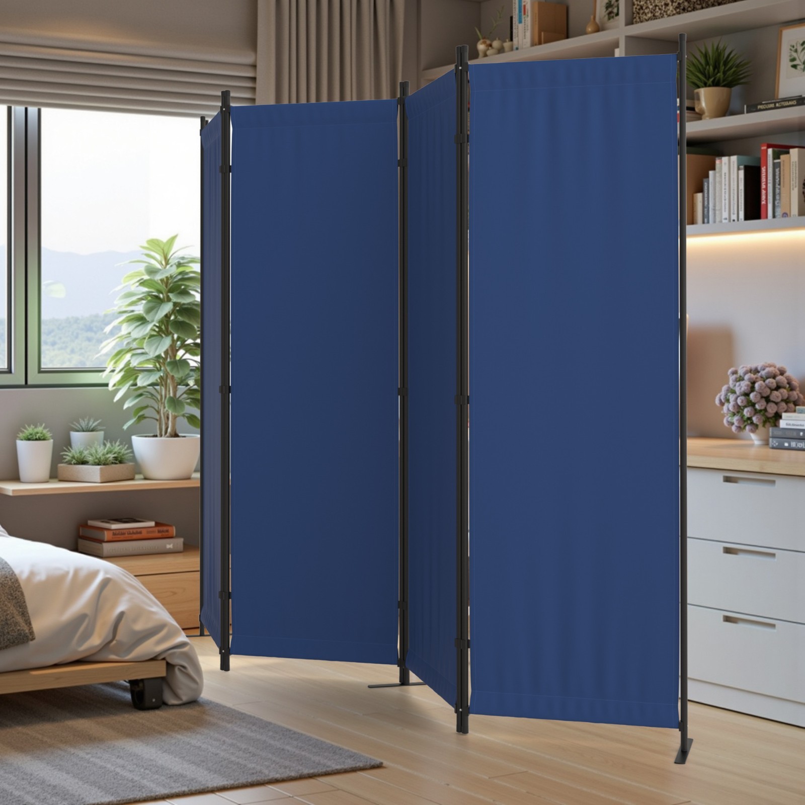 Room Divider 4 Panel Folding Privacy Screen Portable Wall Partition 88"W, Blue gallery