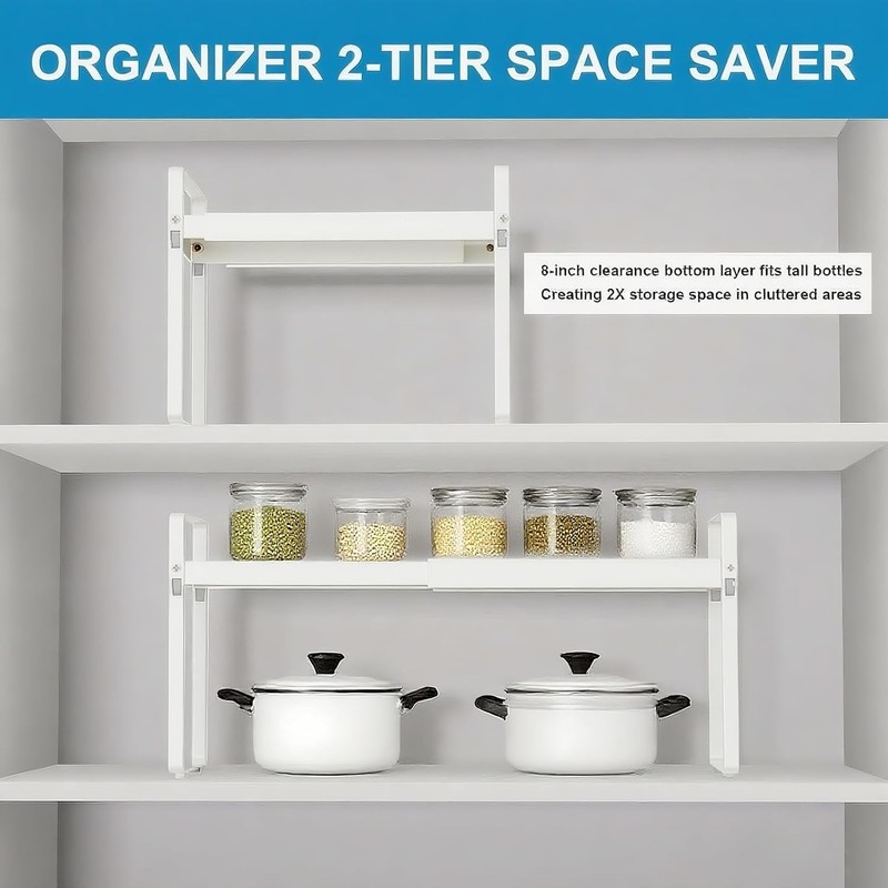 Expandable Cabinet Shelf Organizer 14-25 IN Adjustable Length 9" Wide 2-Tier gallery