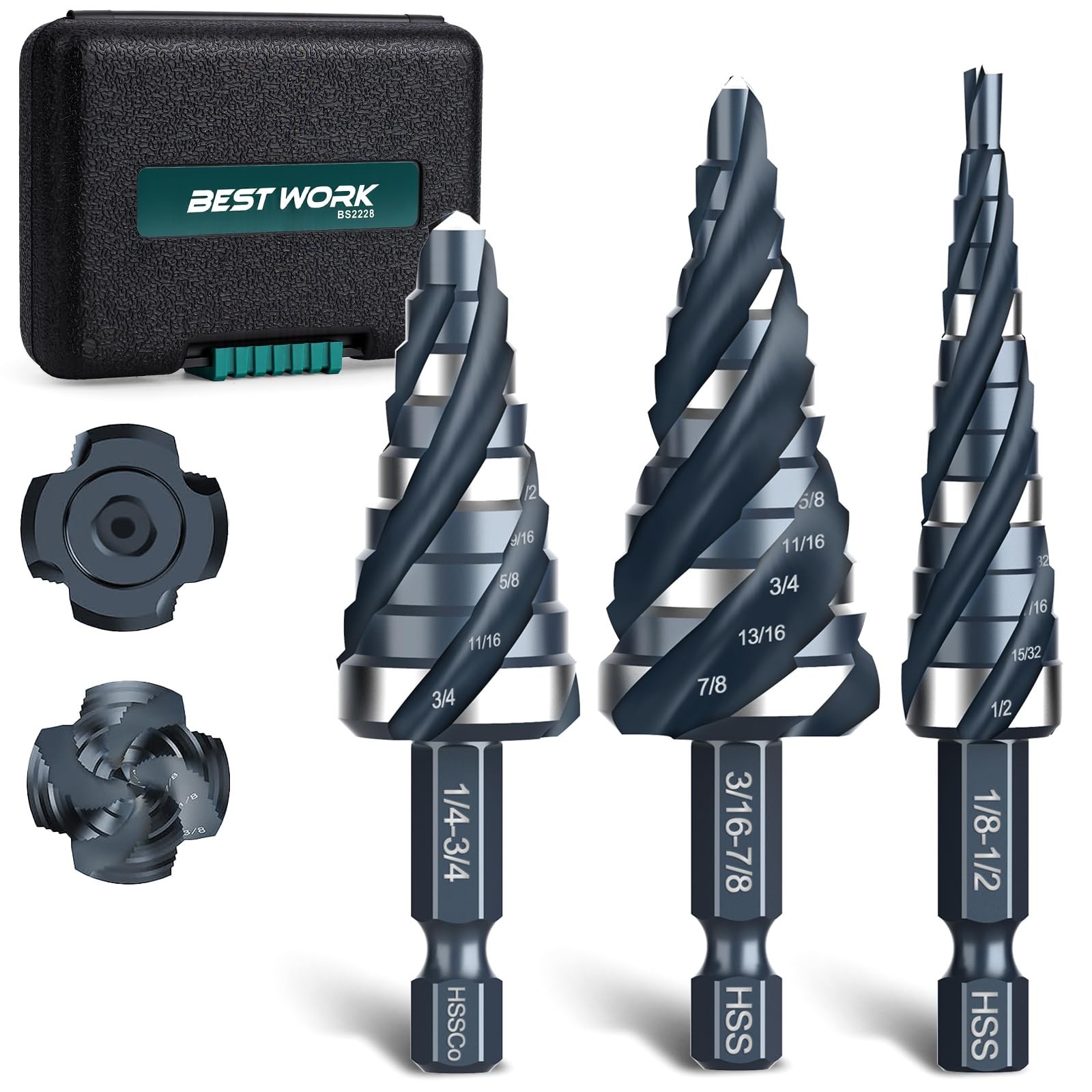 3 PCS 1/87/8 Inch Four Spiral Flute Step Drill Bit Set HSS 1/4 Hex Shank gallery
