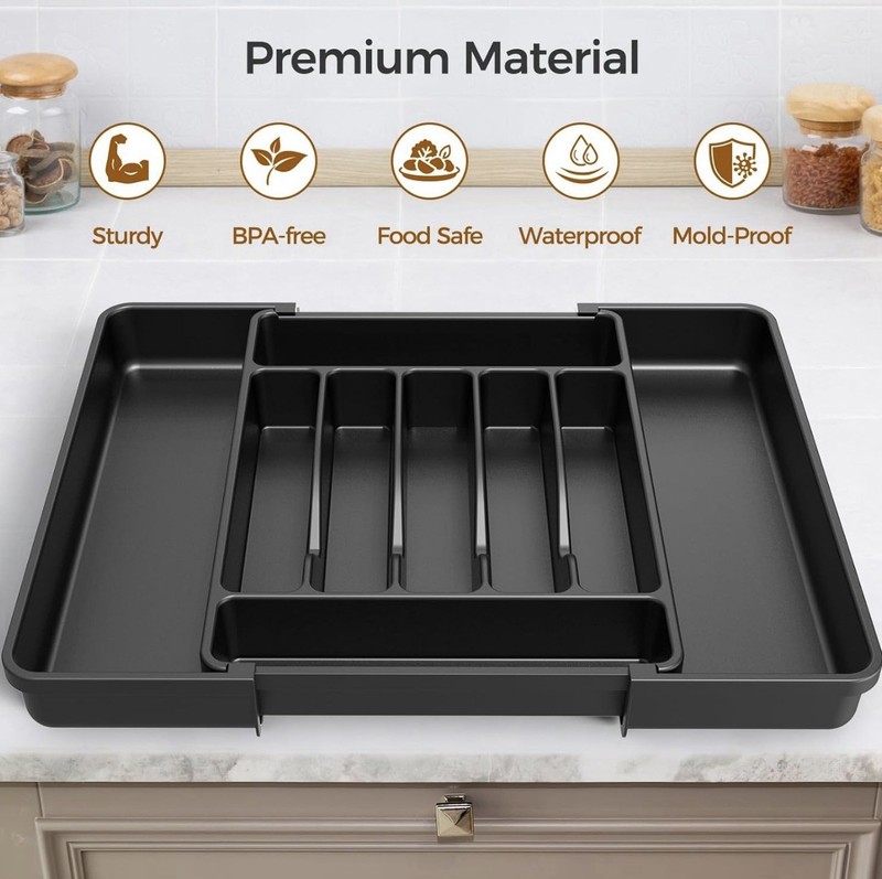 Extra Large Expandable Silverware Organizer –BPA-Free Food-Safe Cutlery Black gallery