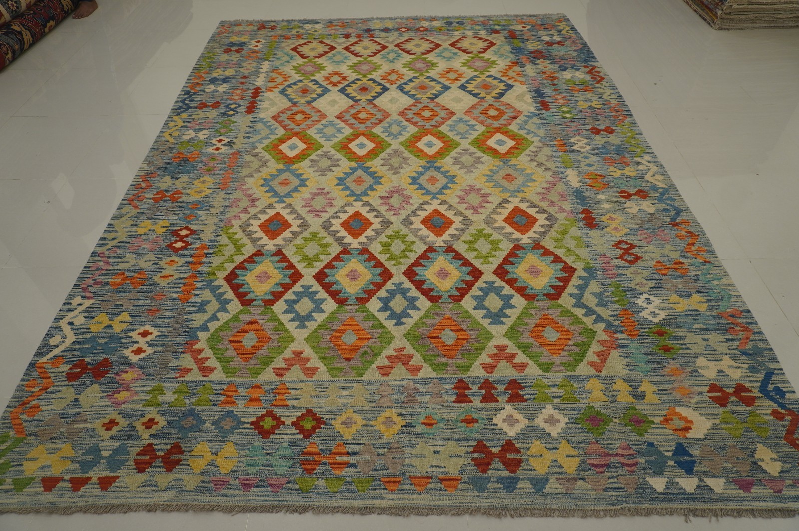 8x11 ft Blue Afghan Handmade Geometric Wool Kilim Area Rug (8'5"x11'5") gallery