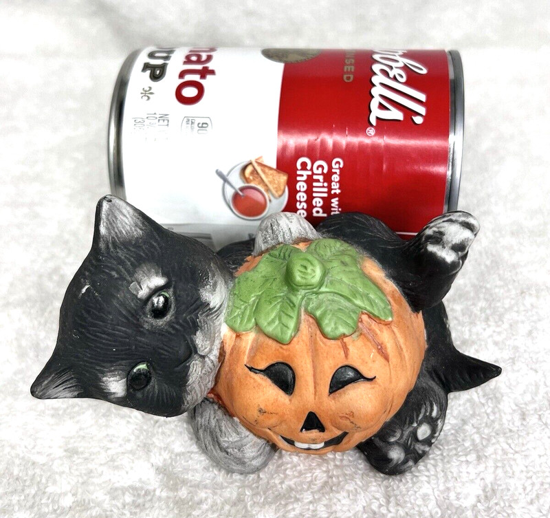 Cute Halloween Bisque Kitten with Pumpkin JOL figuring about 4 1/2” x 2 1/2” gallery