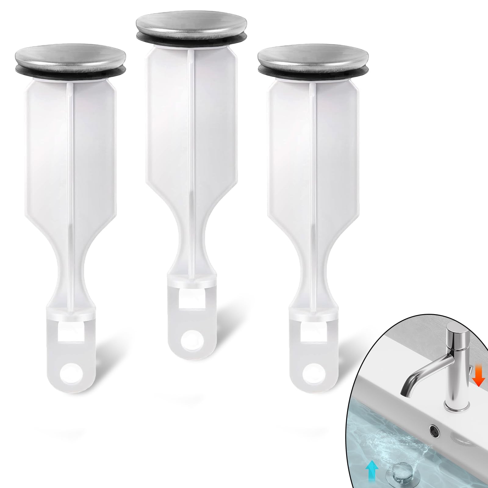 (3-Pack) Calvana Sink Pop-Up Stoppers, Compatible with 1.38"W x 4.5"H, Sliver gallery
