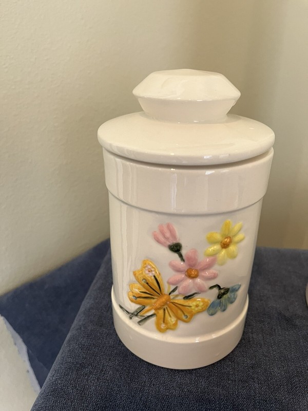 Unique Vintage Handpainted Ceramic Bathroom Set 4 Pieces Butterfly Flowers 1975 gallery