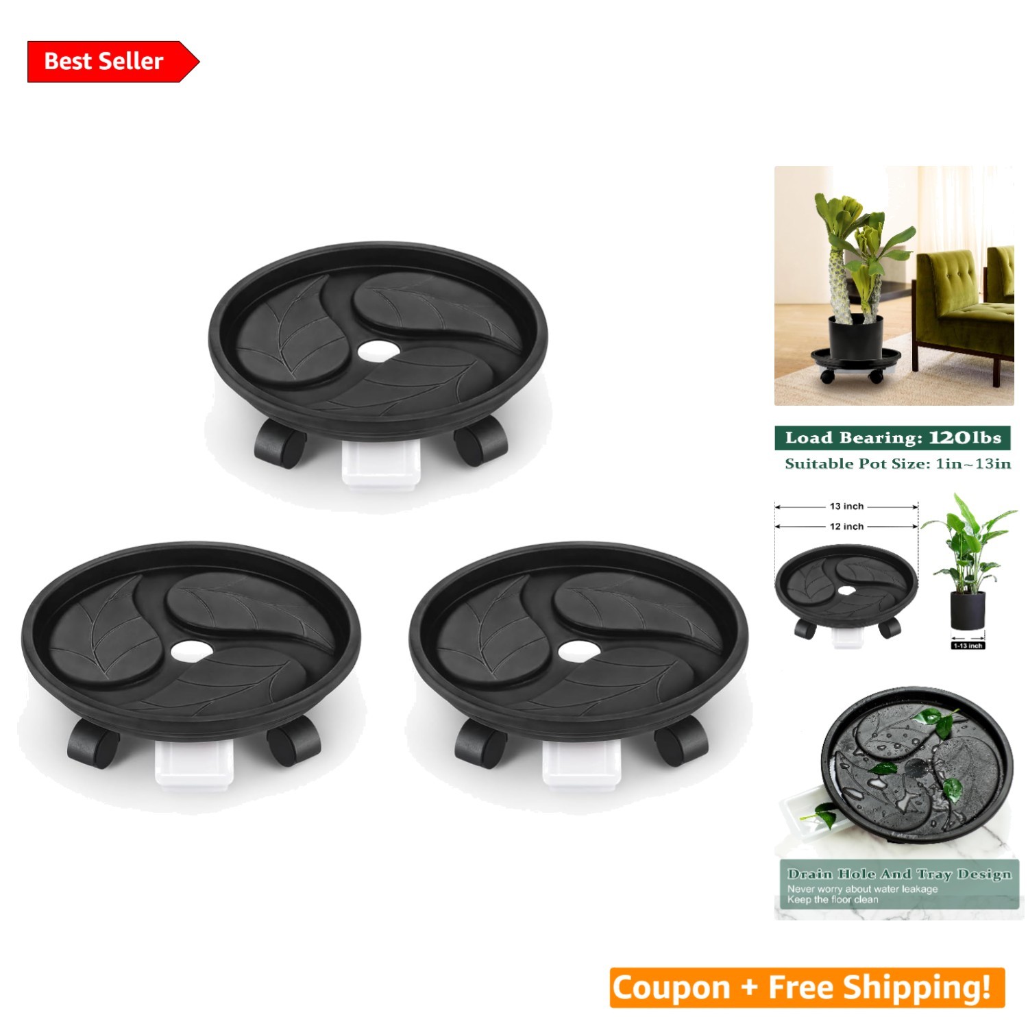 Slip-Resistant Rolling Plant Caddy for Heavy Planters - 3 Pack, 120 lb Capacity gallery