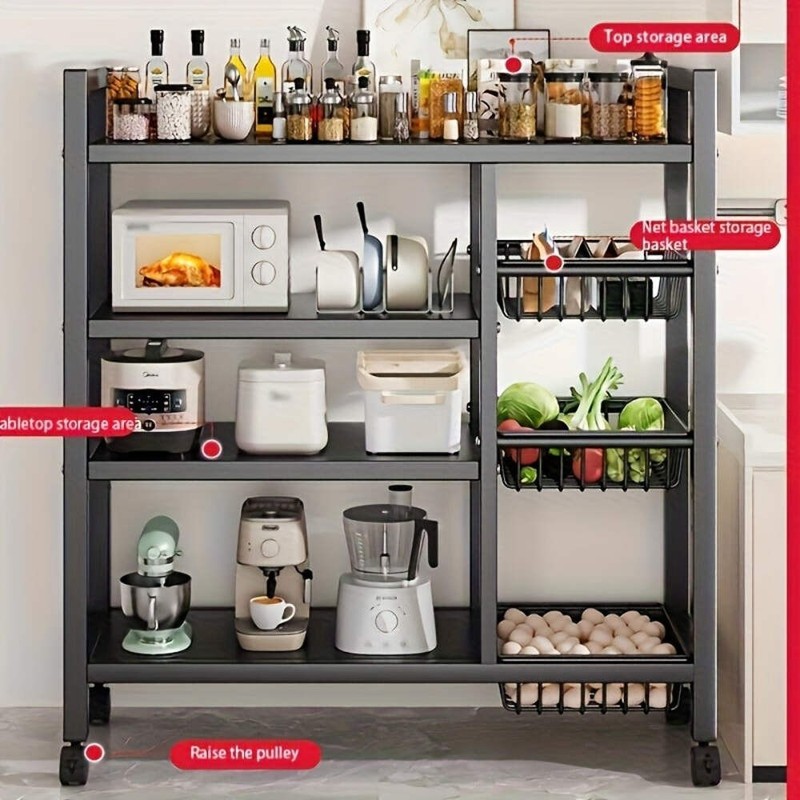 4-Tier Rolling Storage Rack with Baskets, Metal Utility Shelf on Wheels, Kitchen gallery