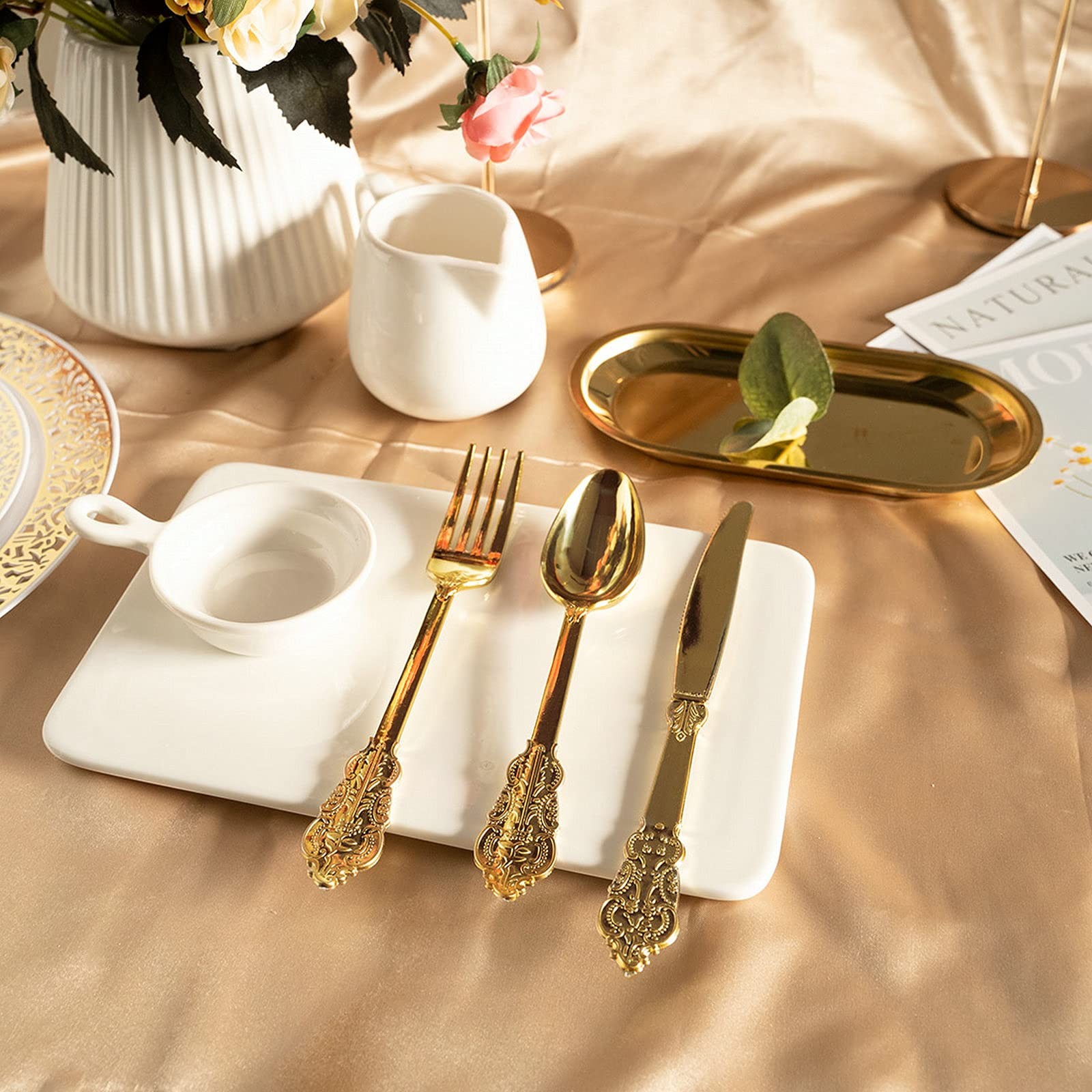 N9R 300Pcs Gold Plastic Silverware Dinnerware Flatware- Heavyweight Plastic gallery