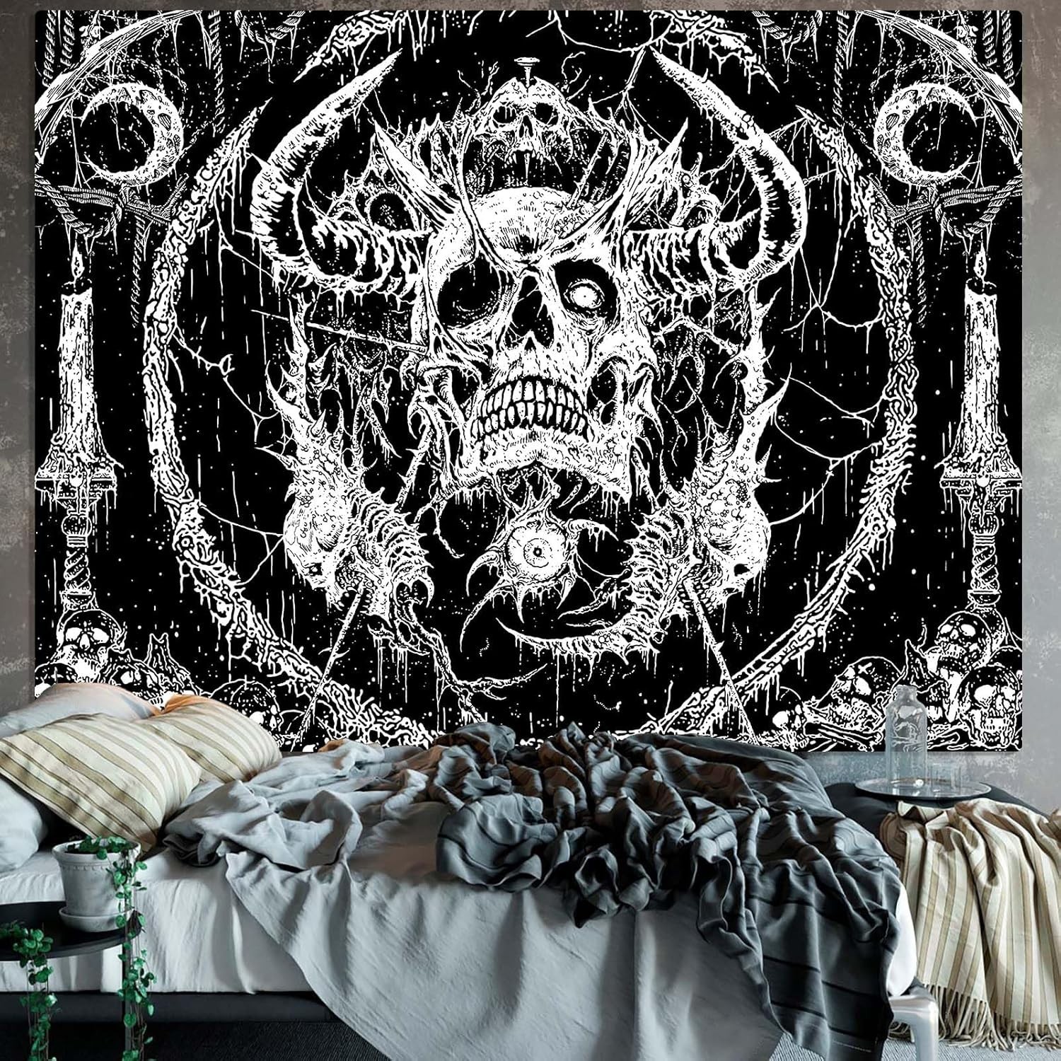 Lifeella Skull Tapestry, Gothic Horror Moon 48L" x 36W", Black gallery