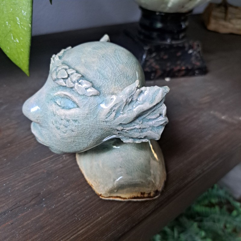 Green Alien Bust Studio Pottery Handmade Clay Figurine Statue Sculpture 4"x4" gallery