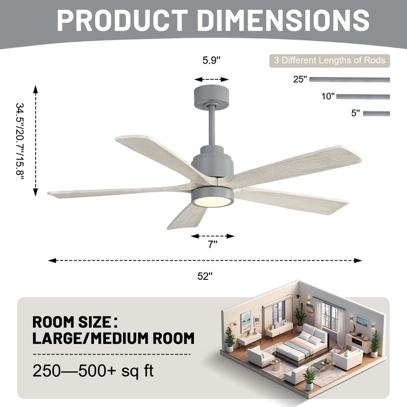 52in Solid Wood Ceiling Fan with Light and Remote Control Quiet Reversible Motor gallery