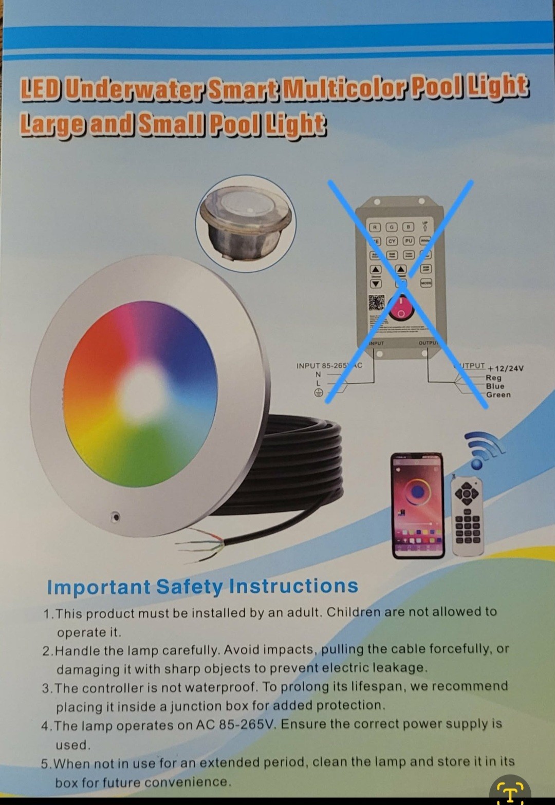 Swimming Pool Light 60W LED 10in 50ft Remote Control -Parts only, No controller gallery