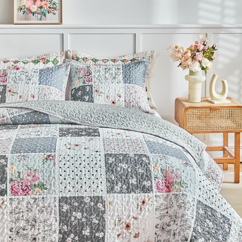 Patchwork Quilt Set California King Size,3 Pieces Gray White Pink Floral Plai... gallery