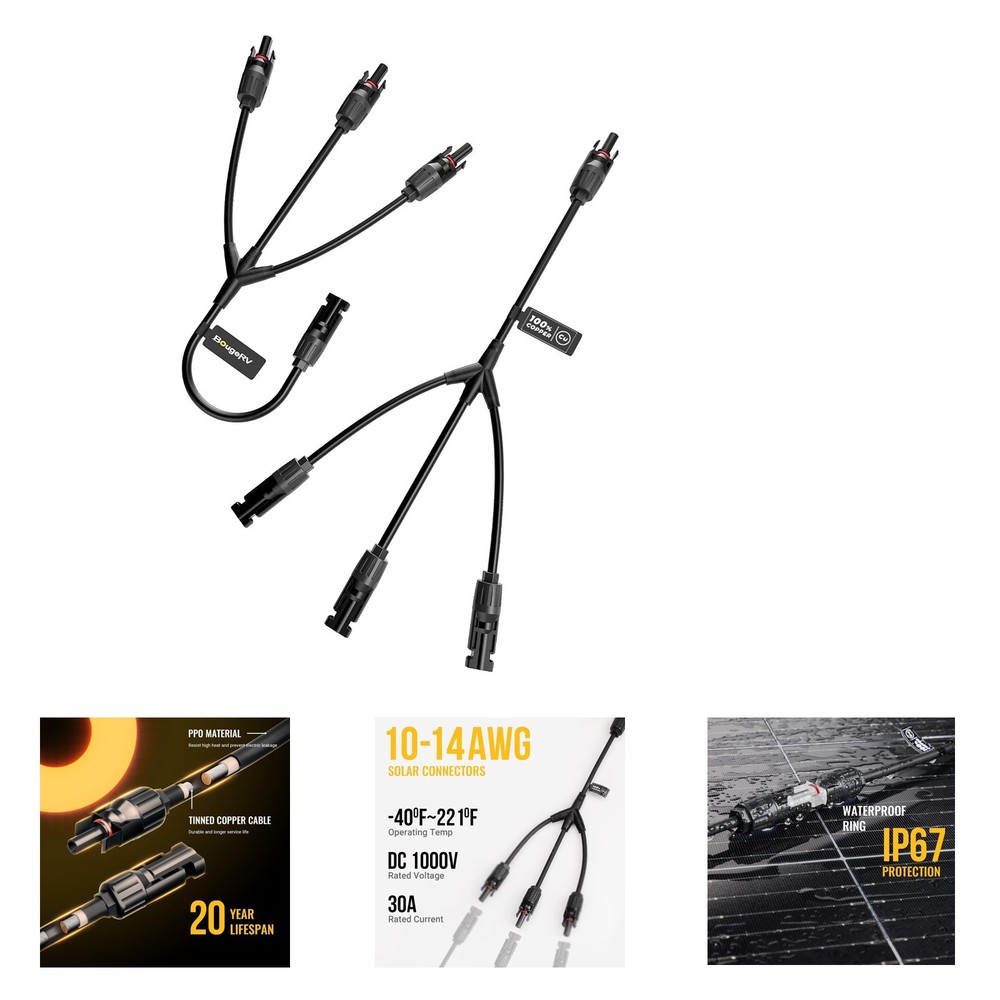 Solar Panel Parallel Connectors Y Branch 1 to 3 Male Female Wire Plug Kit