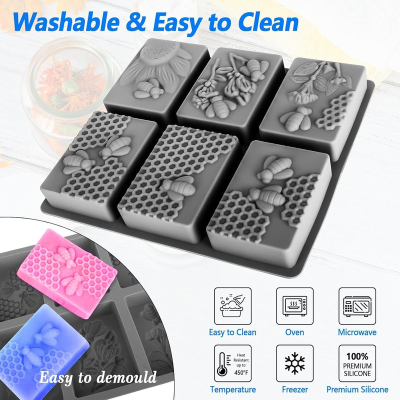 (More Styles Optional) 3 Pack Bee Soap Silicone Molds Set, round + Rectangular gallery