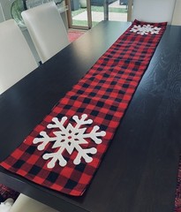 Red Black Plaid 71” Table Runner Large White Snowflakes