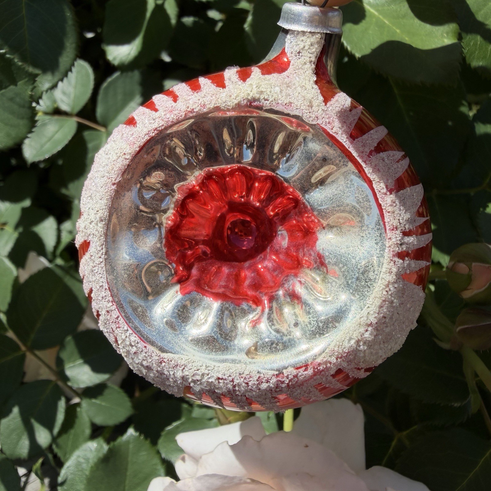 Sunburst Flower Indent Silver Red Mercury Glass Christmas Ornament Mica Vtg 3” gallery