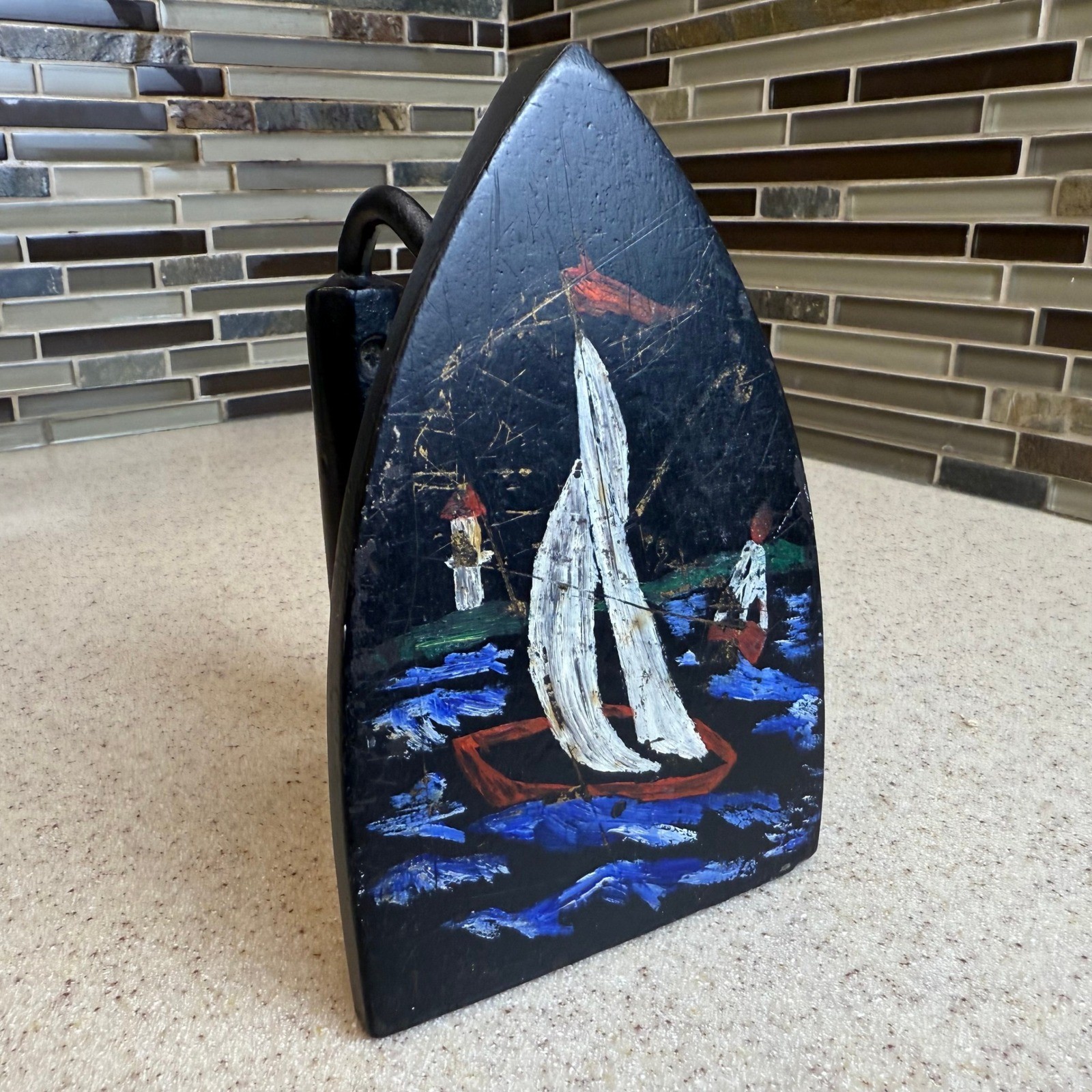 Antique Hand Painted Cast Iron Sad Iron Sailboat Nautical Decor Doorstop Vintage gallery