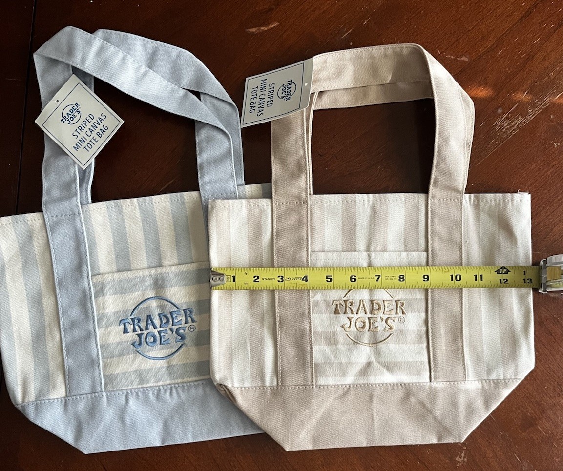 2 New 2026 Trader Joe’s Striped Mini Canvas Tote Bags Blue And Tan gallery