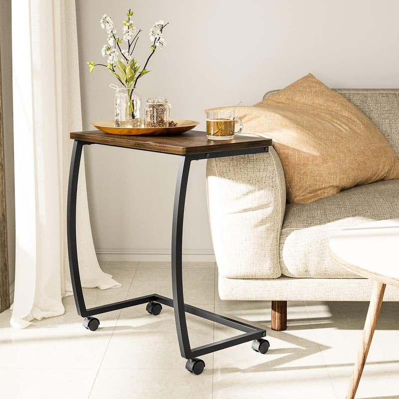 Stylish C-Shaped Rolling End Table in Rustic Dark Walnut for Modern Spaces gallery