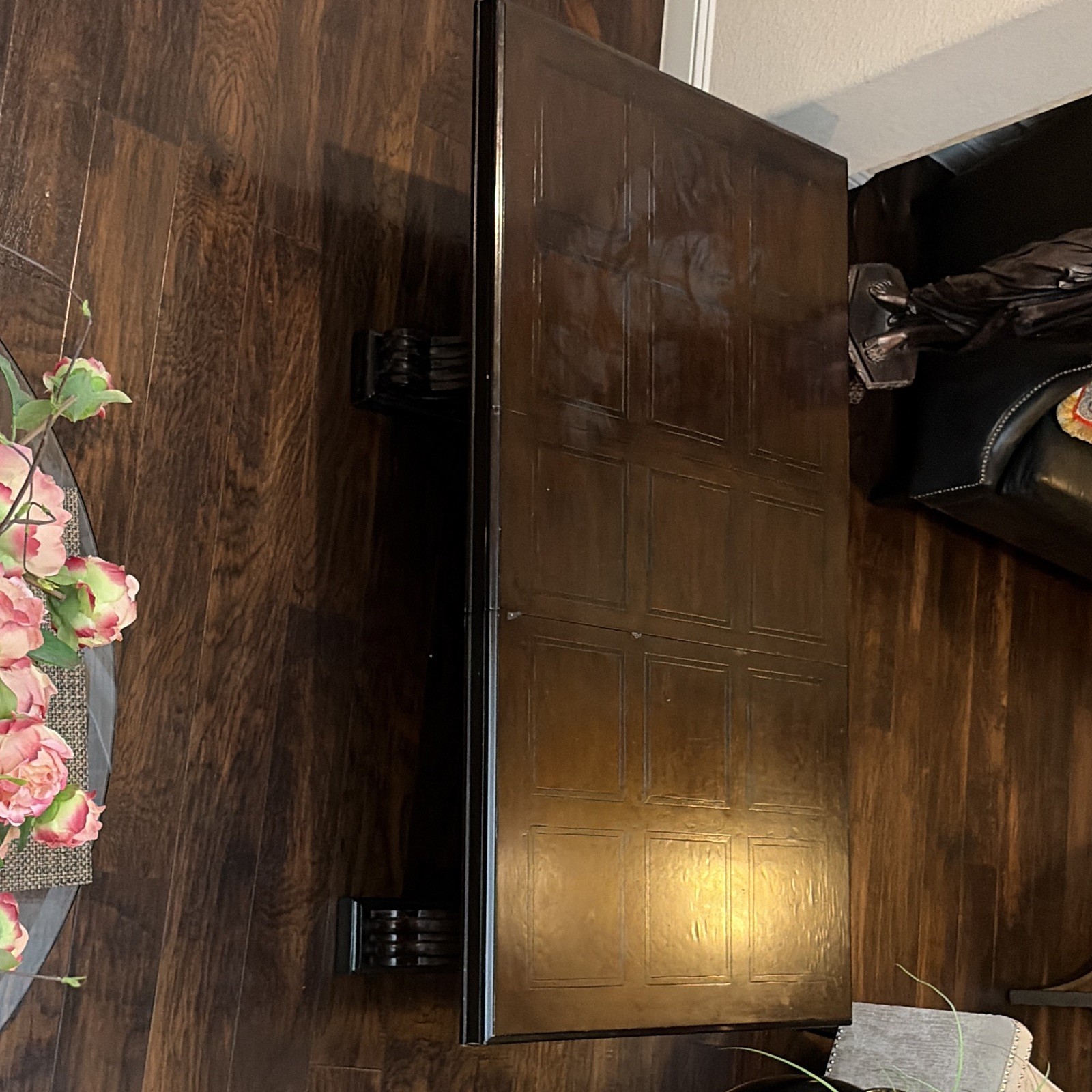 Dark Wood Rectangular Coffee Table w/ Carved Paneled Top, 41-50 x 30-40 gallery