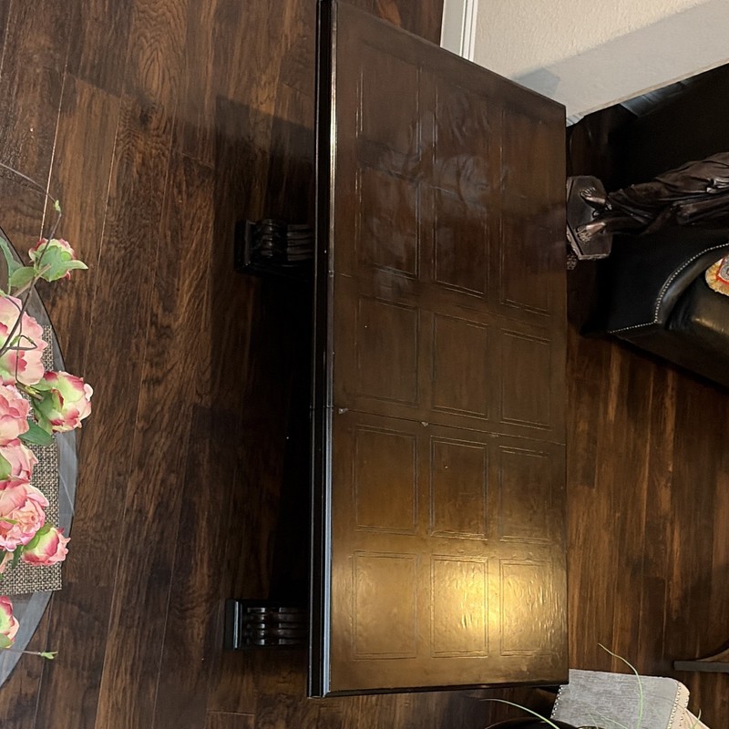 Dark Wood Rectangular Coffee Table w/ Carved Paneled Top, 41-50 x 30-40 gallery