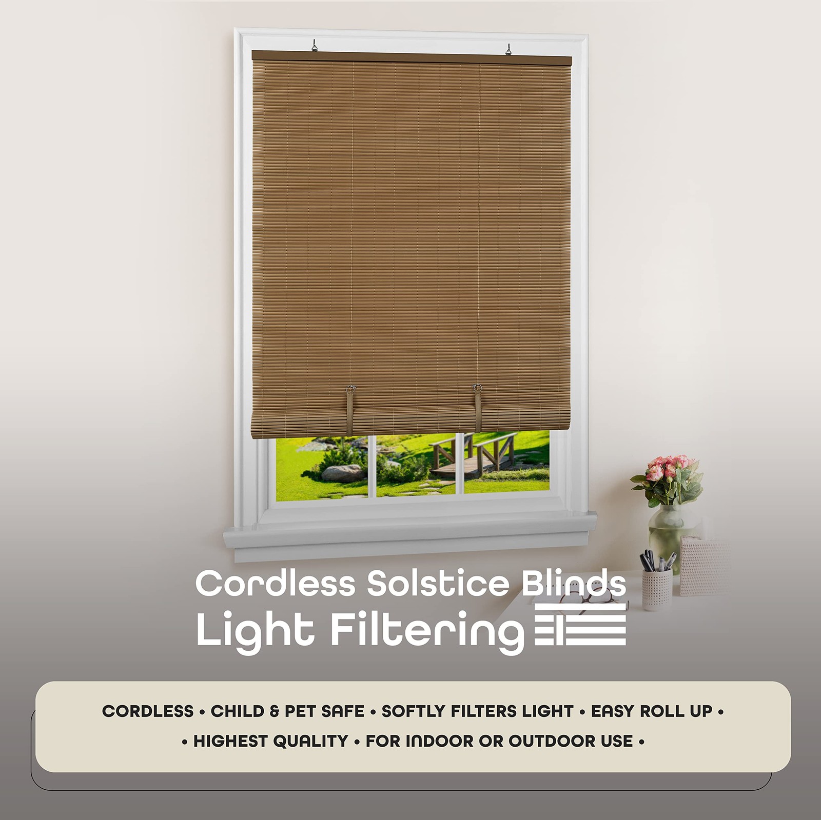 Cordless Solstice Vinyl Roll-Up Blind - 30 Inch Width, 30"W x 72"H, Woodtone gallery