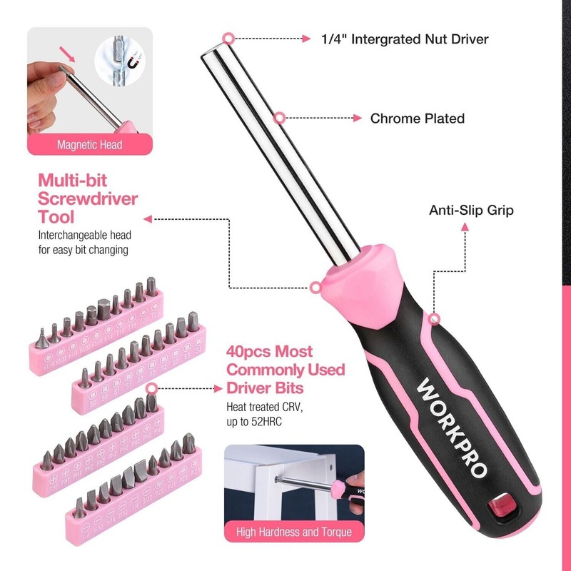 WORKPRO Pink Tool Set 277PC Apartment Essentials Hand Tool Bag Set with 13''Bag gallery